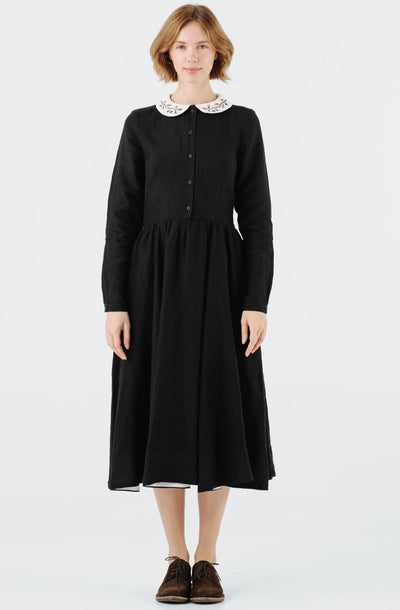 Classic Dress with Embroidered Hazelnut Collar, Long Sleeve#color_black-pansy