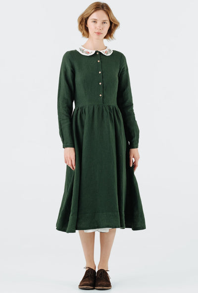 Classic Dress with Embroidered Wildwood Collar, Long Sleeve#color_evergreen