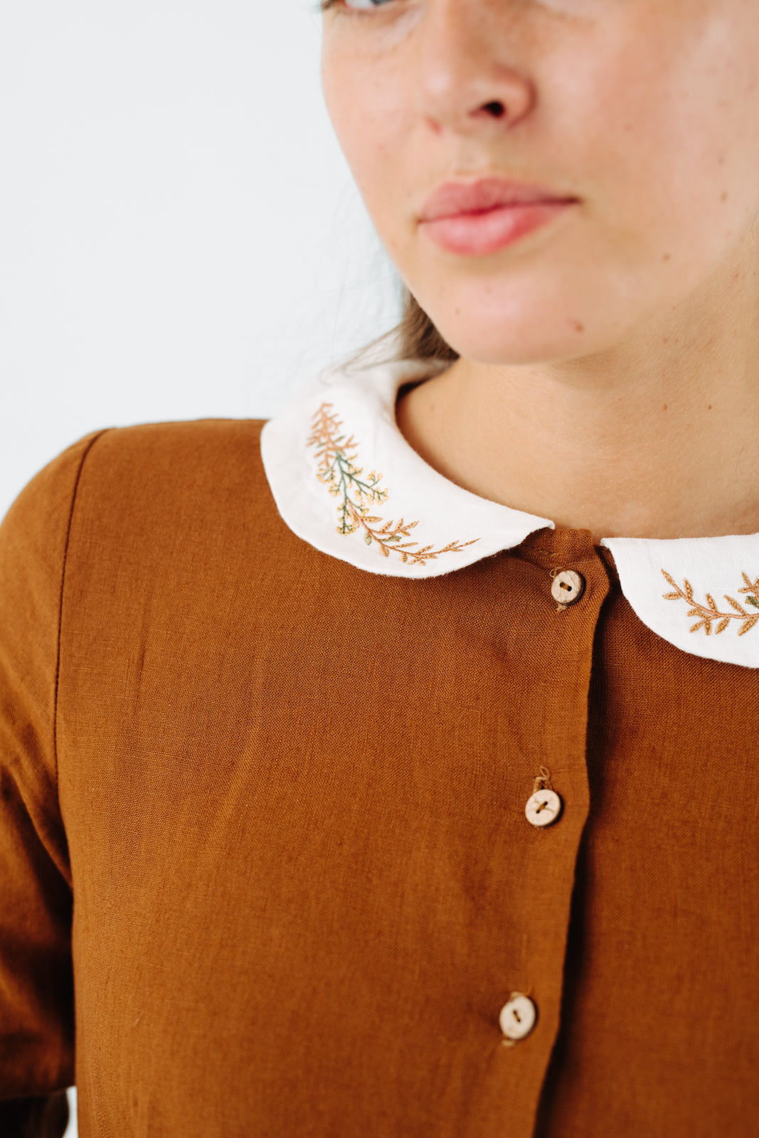 Classic Dress with Embroidered Golden Fields Collar, Long Sleeve#color_warm-brown