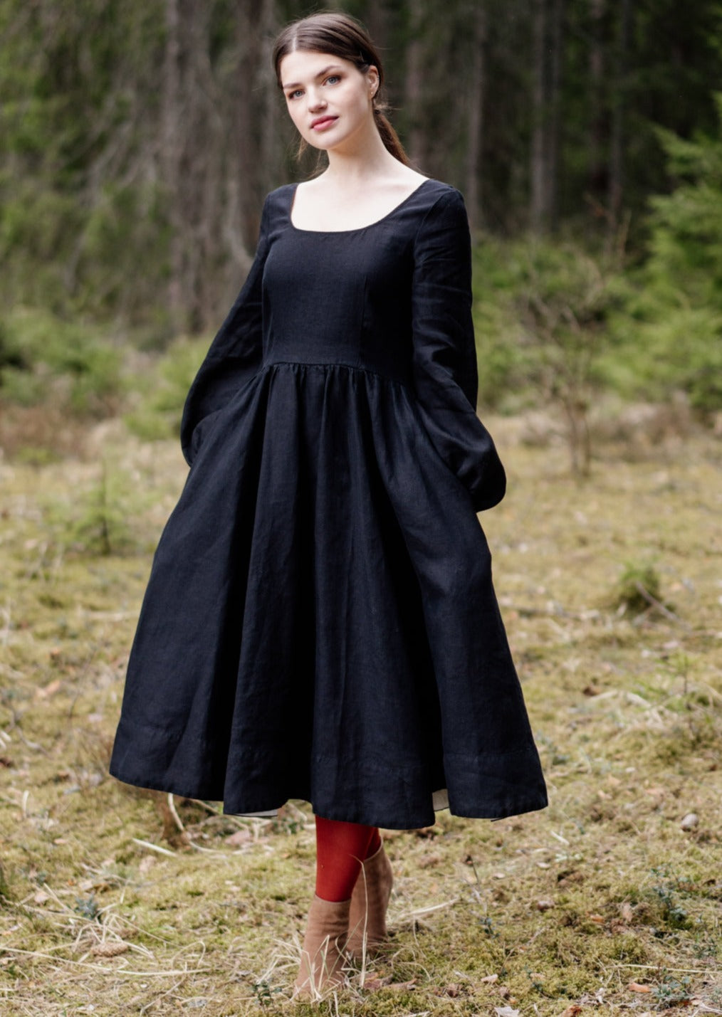 Carmen Dress, Long Sleeve, Black Pansy