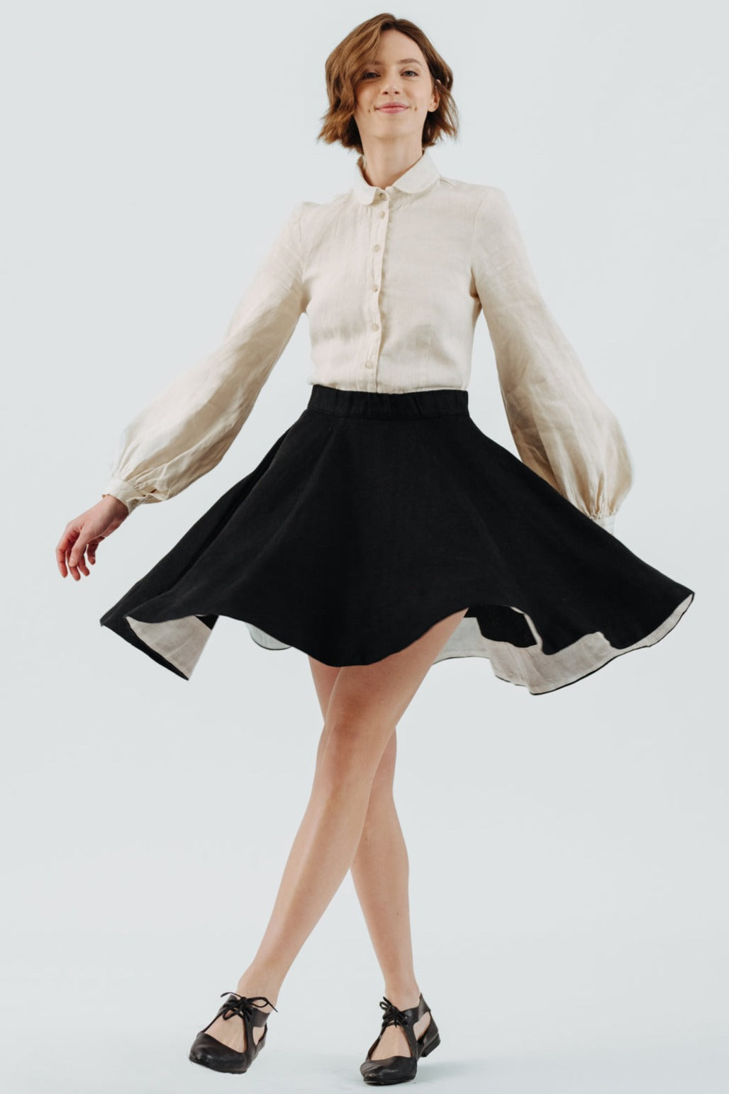 Mini Classic Skirt, Twill Linen, Black Herringbone