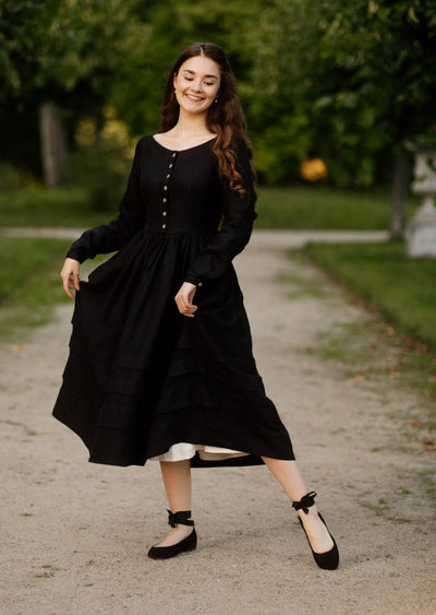 Eyre Dress, Long Sleeve, Black Pansy