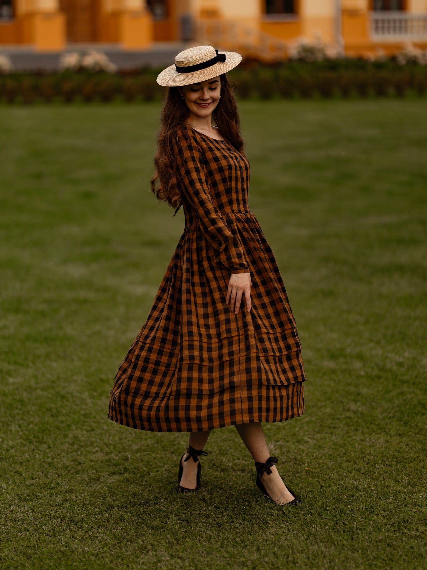 Eyre Dress, Long Sleeve, Brown Checkers