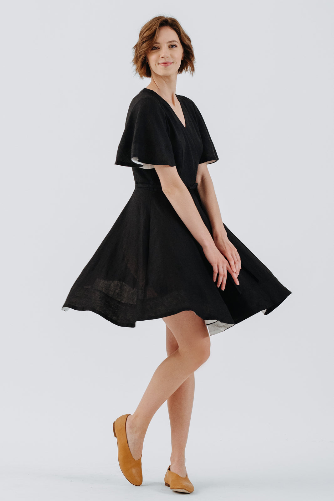 Mini Wrap Dress, Butterfly Sleeve, Black Pansy | Son de Flor