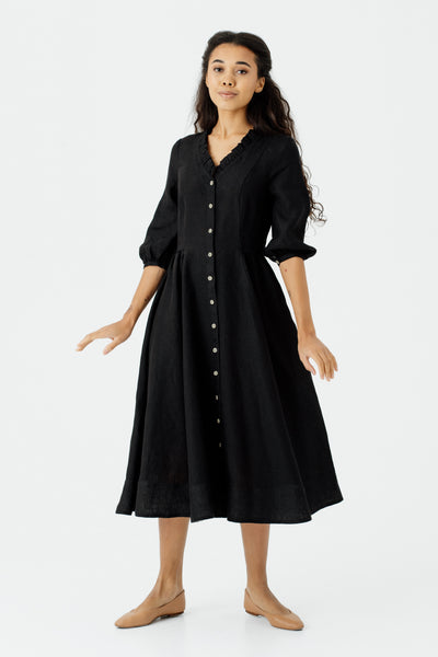 Ophelia Dress, 3/4 Sleeve, Black Pansy