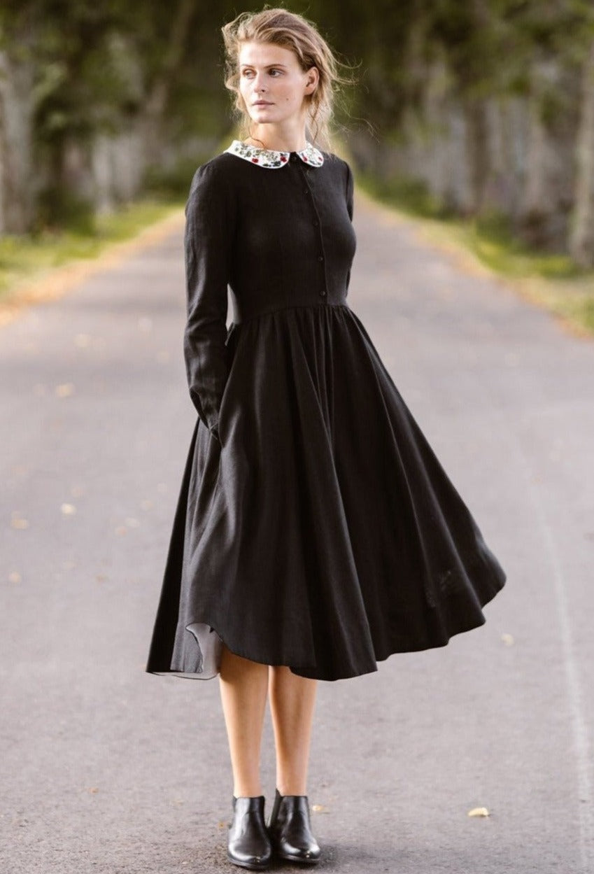 Classic Dress with Embroidered Garden Collar, Long Sleeve