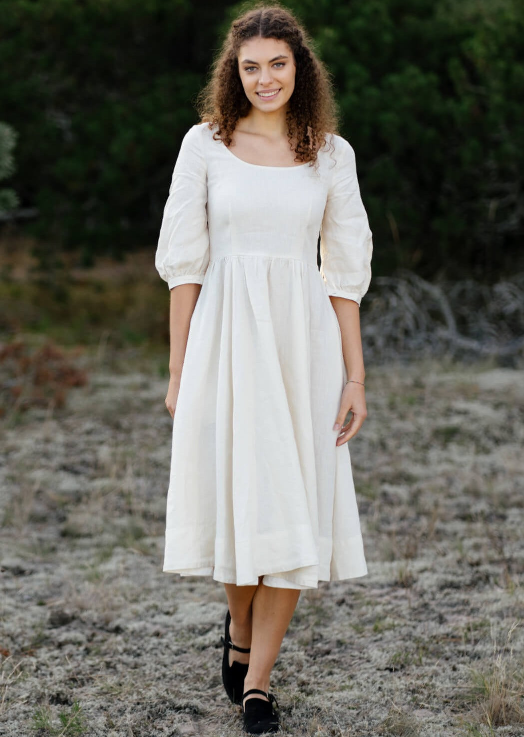 Carmen Dress, 3/4 Sleeve, Milky White, Hemp
