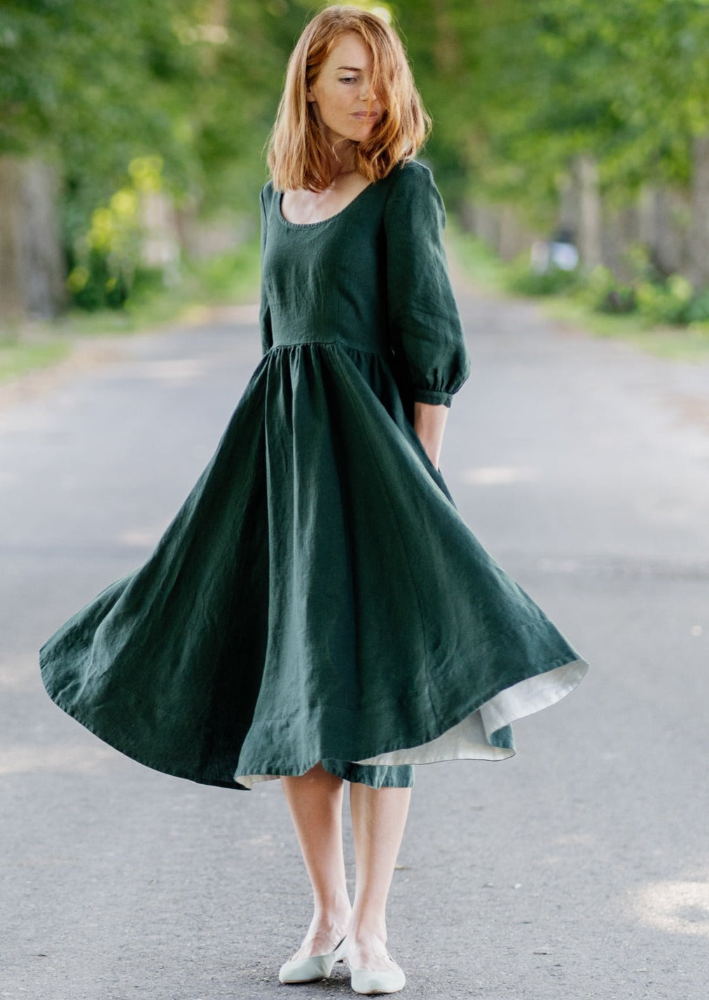 Carmen Dress, 3/4 Sleeve, Evergreen