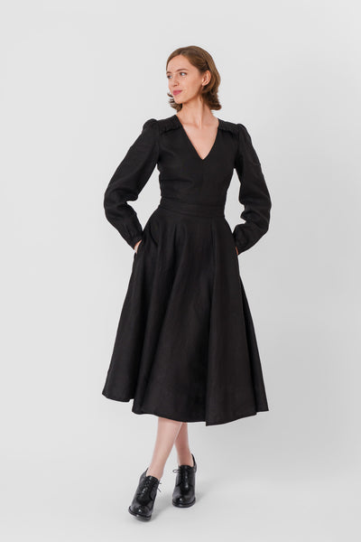 Bridget Dress, Long Sleeve, Black Pansy