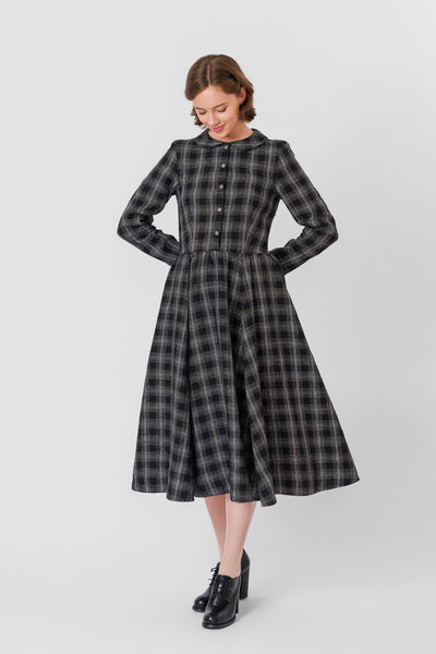 Classic Dress, Long Sleeve, Black Tartan