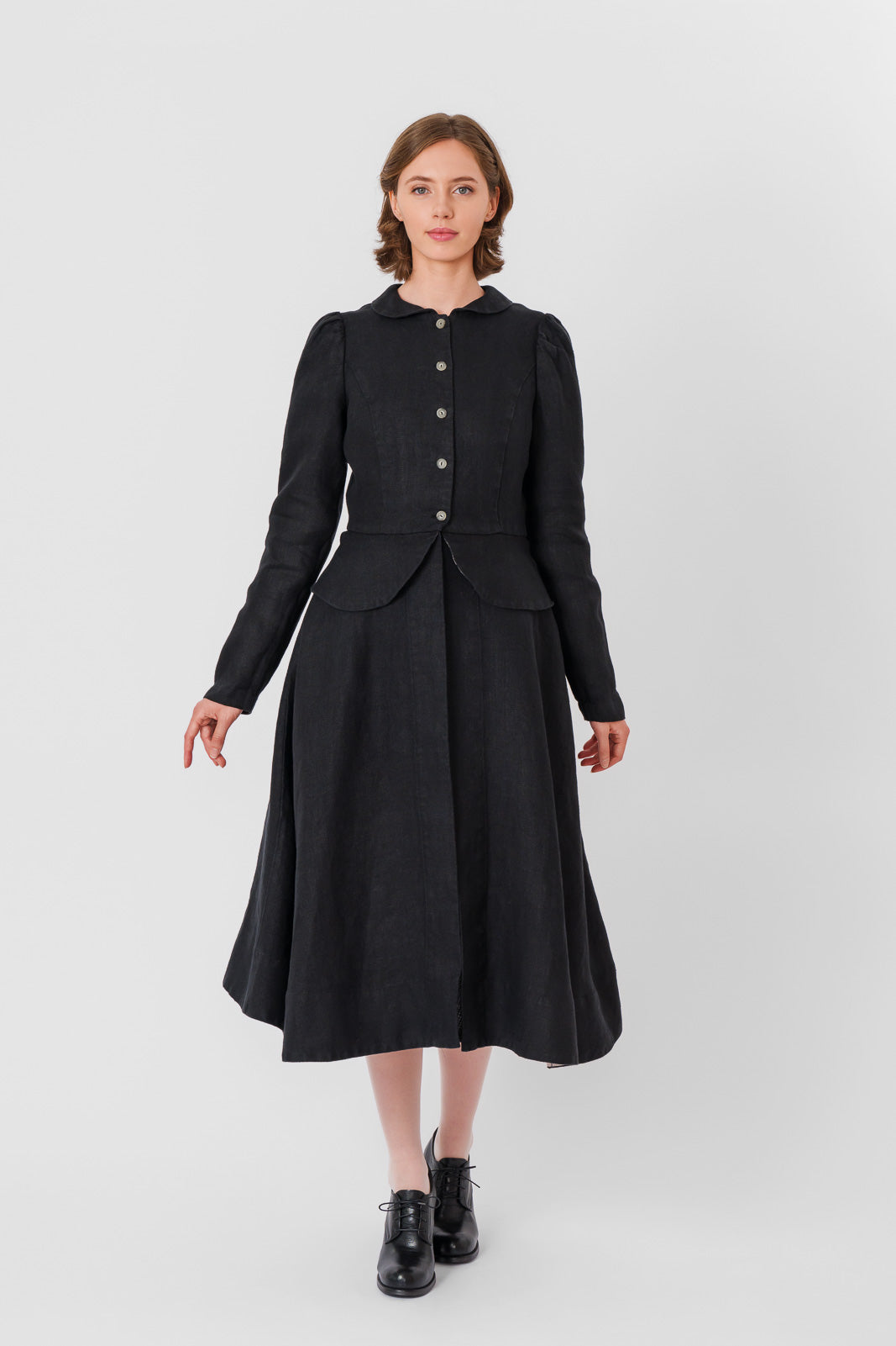 Elizabeth Coat, Long Sleeve, Twill Linen, Black Herringbone#color_black-herringbone