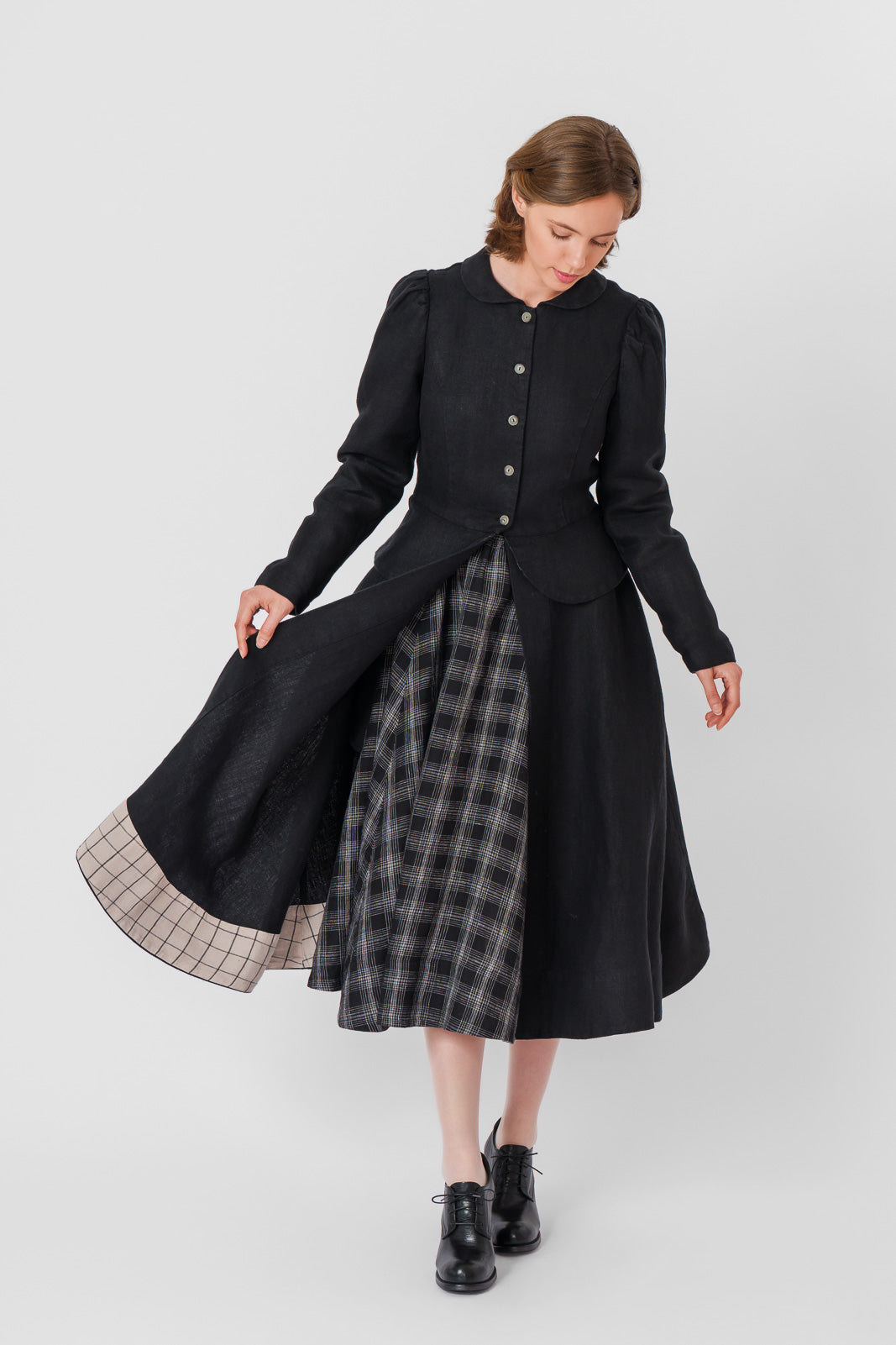 Elizabeth Coat, Long Sleeve, Twill Linen, Black Herringbone#color_black-herringbone