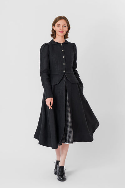 Elizabeth Coat, Long Sleeve, Twill Linen, Black Herringbone#color_black-herringbone