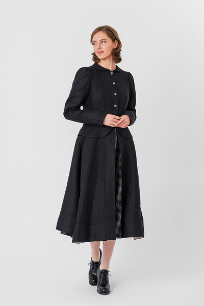 Elizabeth Coat, Long Sleeve, Twill Linen, Black Herringbone#color_black-herringbone