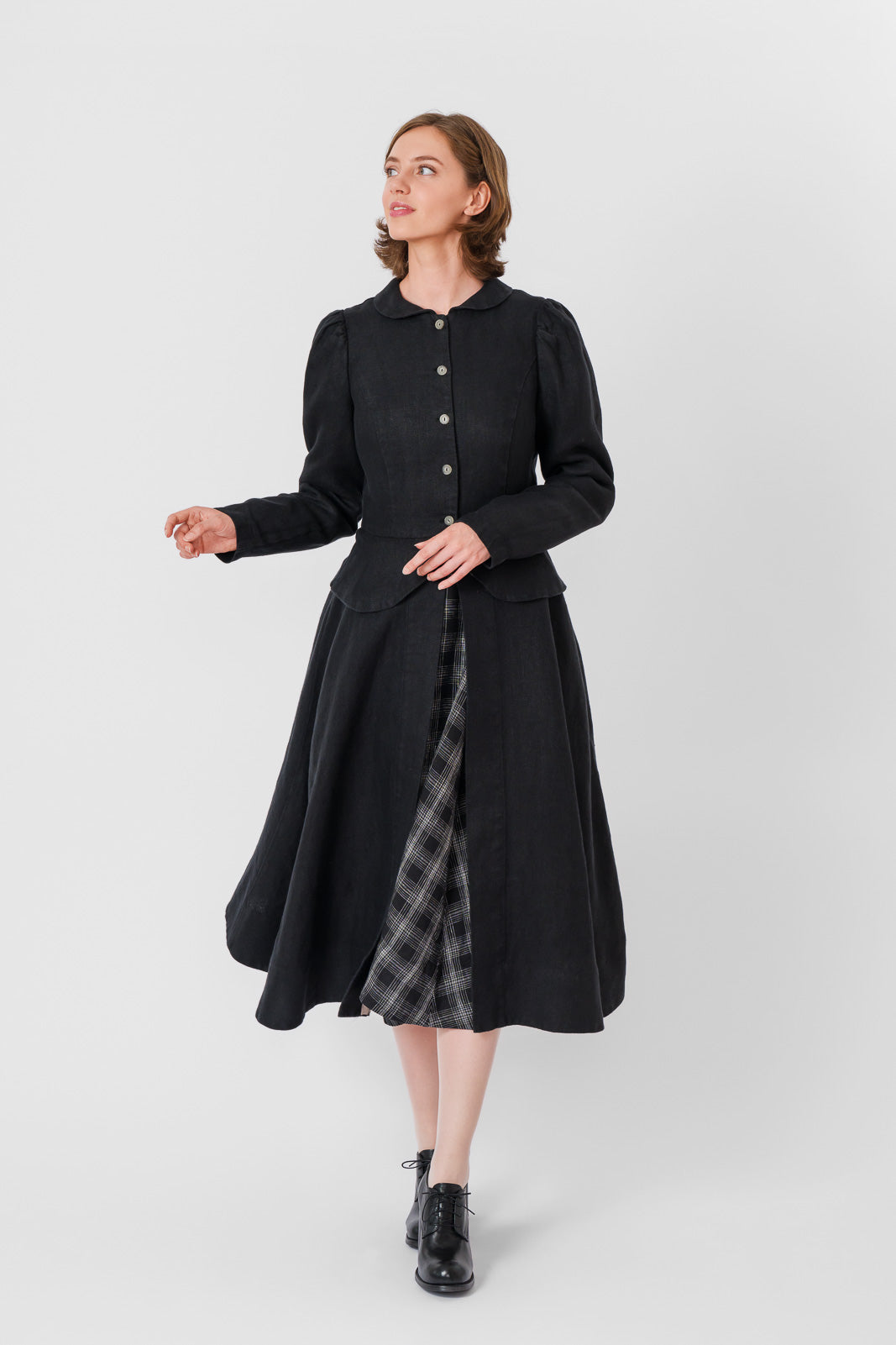 Elizabeth Coat, Long Sleeve, Twill Linen, Black Herringbone#color_black-herringbone