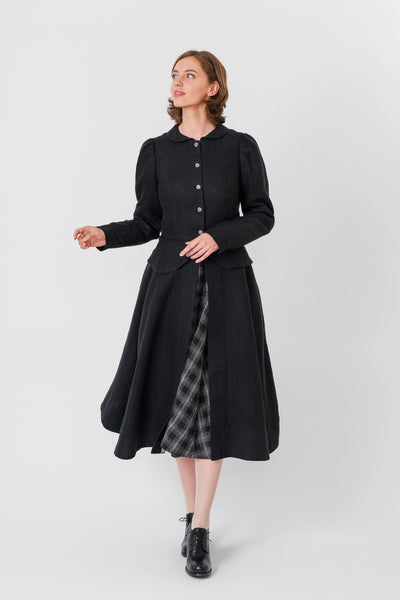 Elizabeth Coat, Long Sleeve, Twill Linen, Black Herringbone#color_black-herringbone