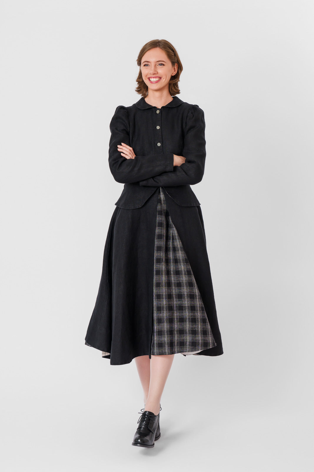 Elizabeth Coat, Long Sleeve, Twill Linen, Black Herringbone#color_black-herringbone