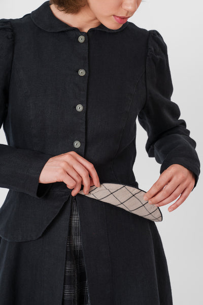 Elizabeth Coat, Long Sleeve, Twill Linen, Black Herringbone#color_black-herringbone