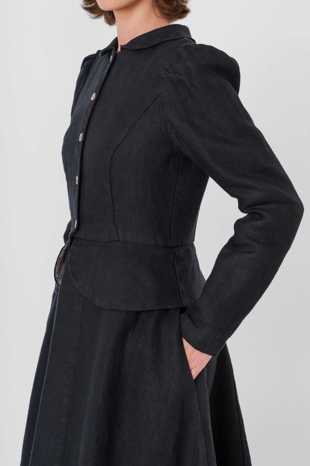 Elizabeth Coat, Long Sleeve, Twill Linen, Black Herringbone#color_black-herringbone