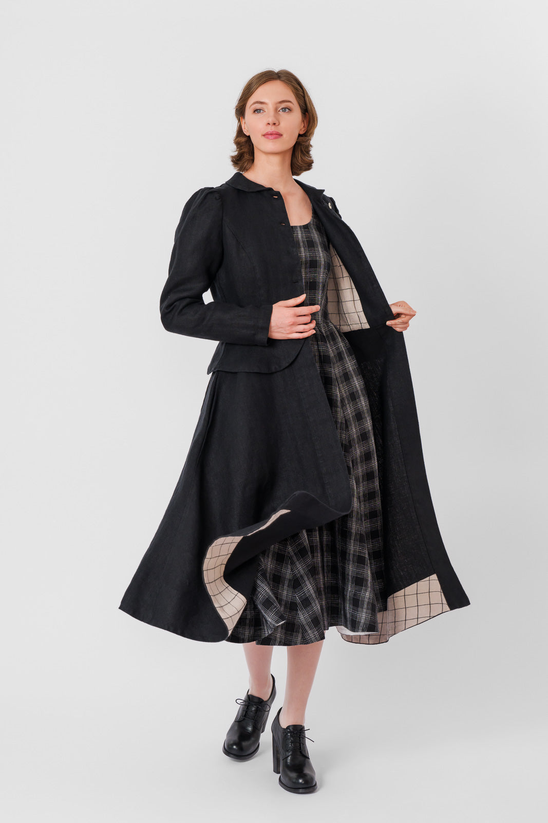 Elizabeth Coat, Long Sleeve, Twill Linen, Black Herringbone#color_black-herringbone