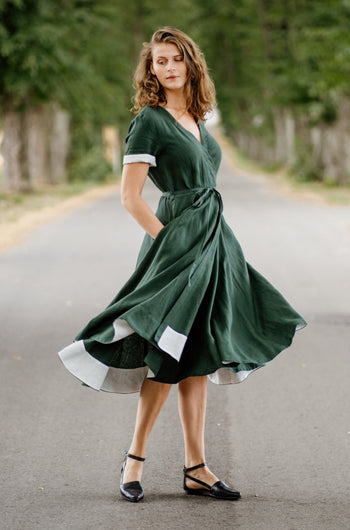 Wrap Dress, Short Sleeve, Evergreen#color_evergreen