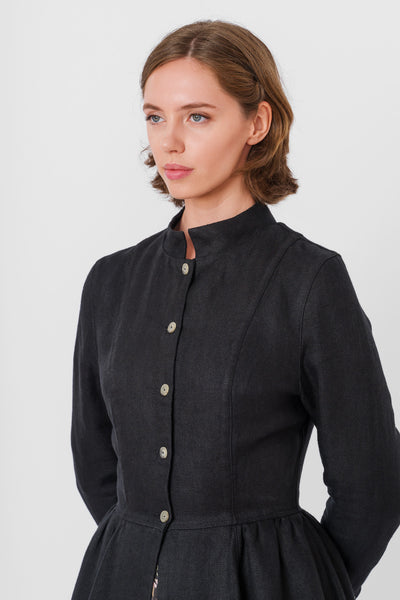 Victorian Coat, Twill Linen, Black Herringbone