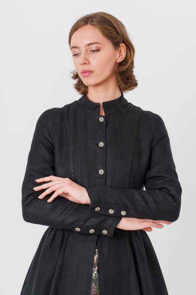 Victorian Coat, Twill Linen, Black Herringbone