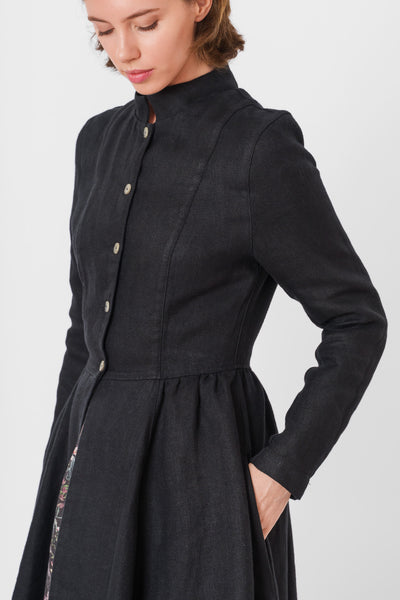 Victorian Coat, Twill Linen, Black Herringbone