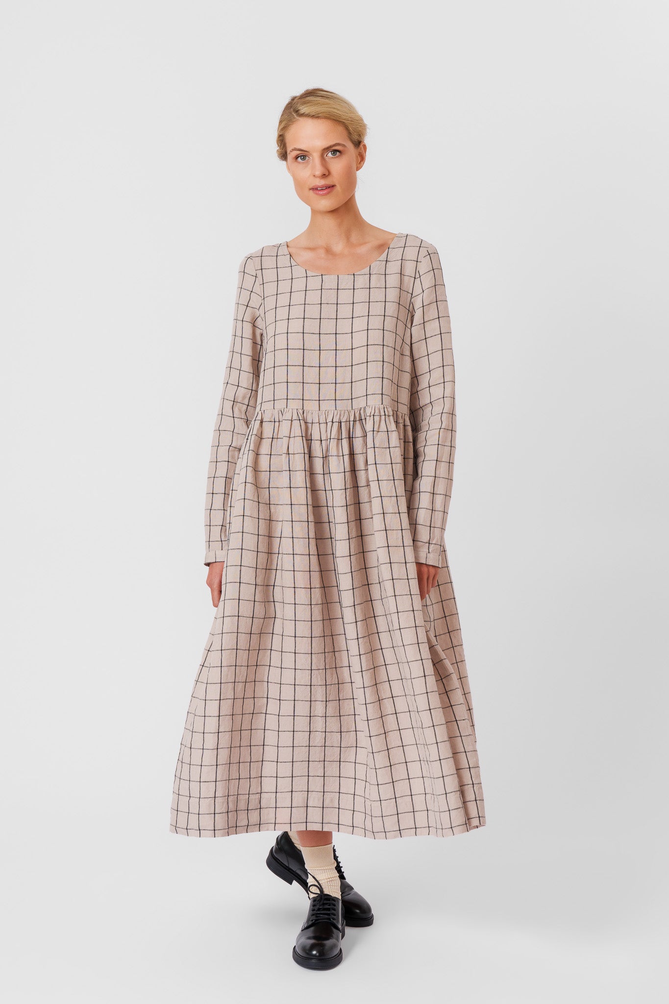 Smock Dress, Long Sleeve, Latte Grid