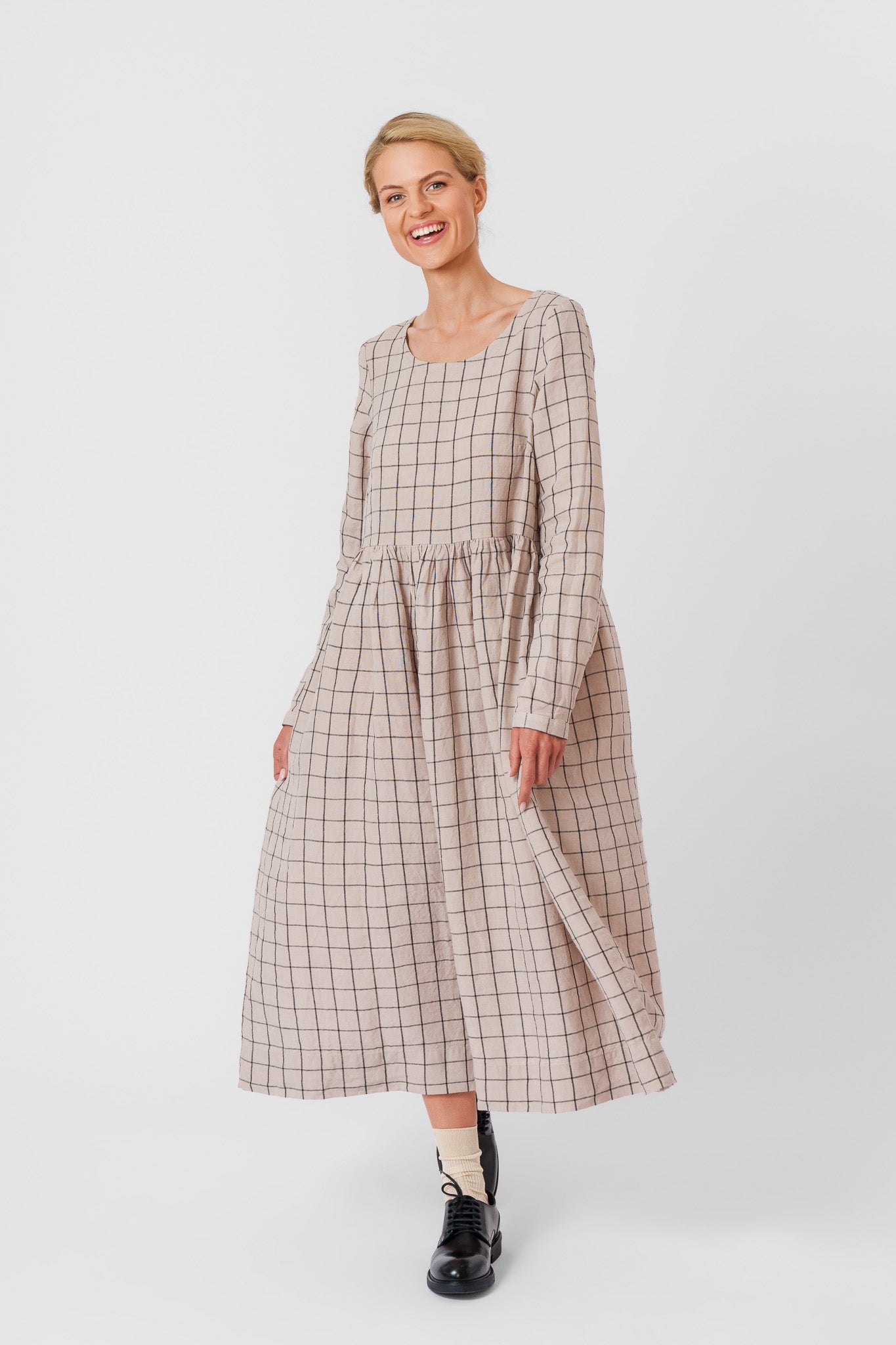 Smock Dress, Long Sleeve, Latte Grid