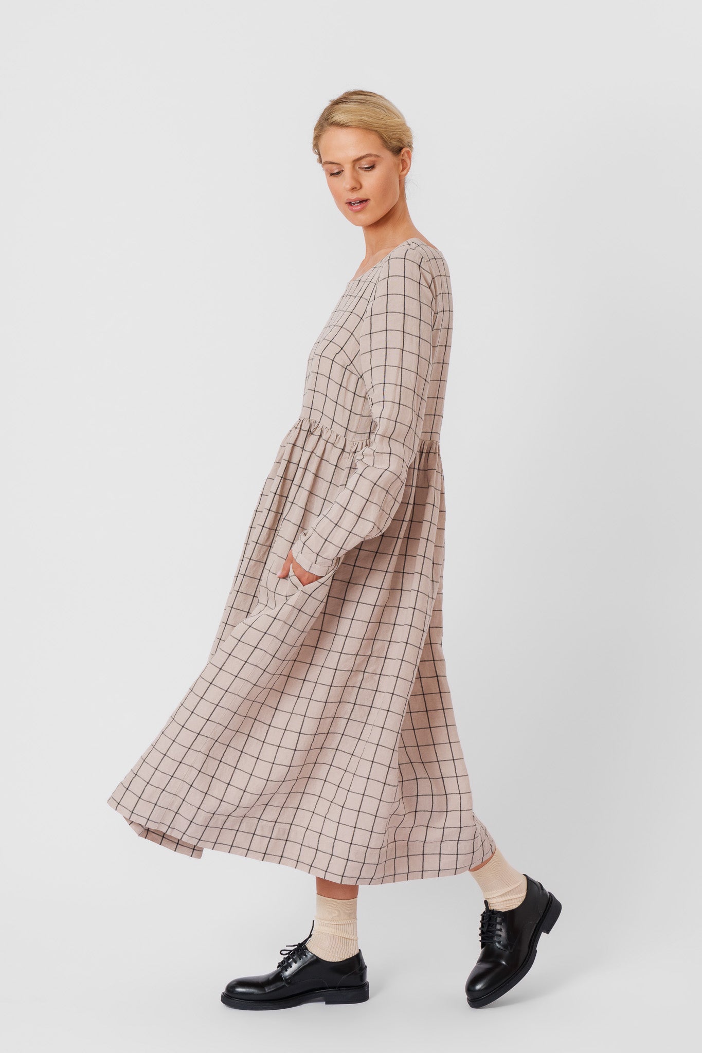 Smock Dress, Long Sleeve, Latte Grid#color_latte-grid