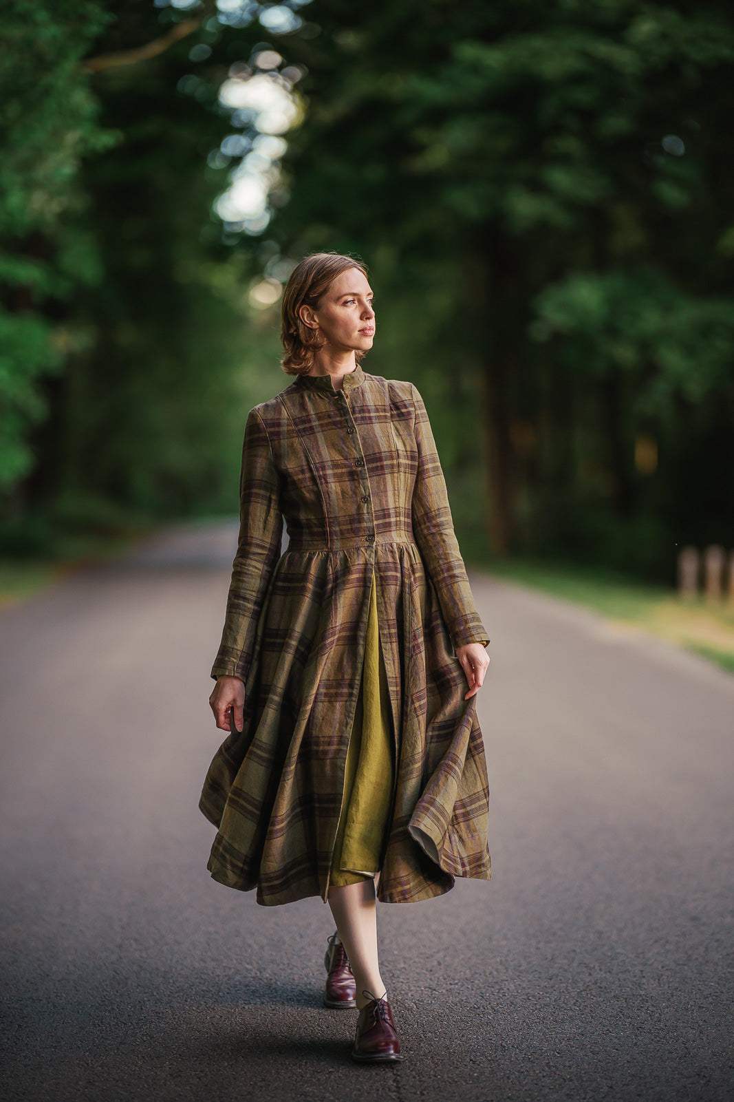 Victorian Coat, Long Sleeve, Twill Linen, Oak Tartan