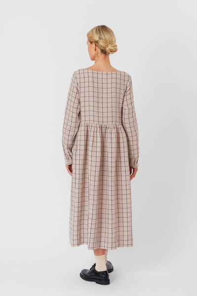 Smock Dress, Long Sleeve, Latte Grid#color_latte-grid