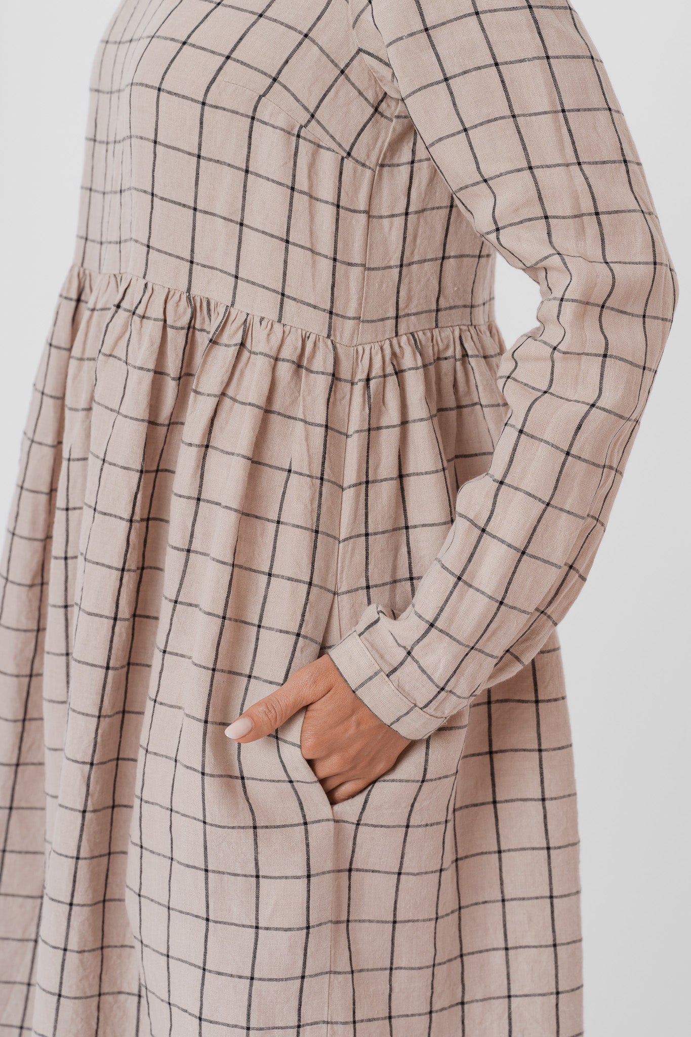 Smock Dress, Long Sleeve, Latte Grid#color_latte-grid