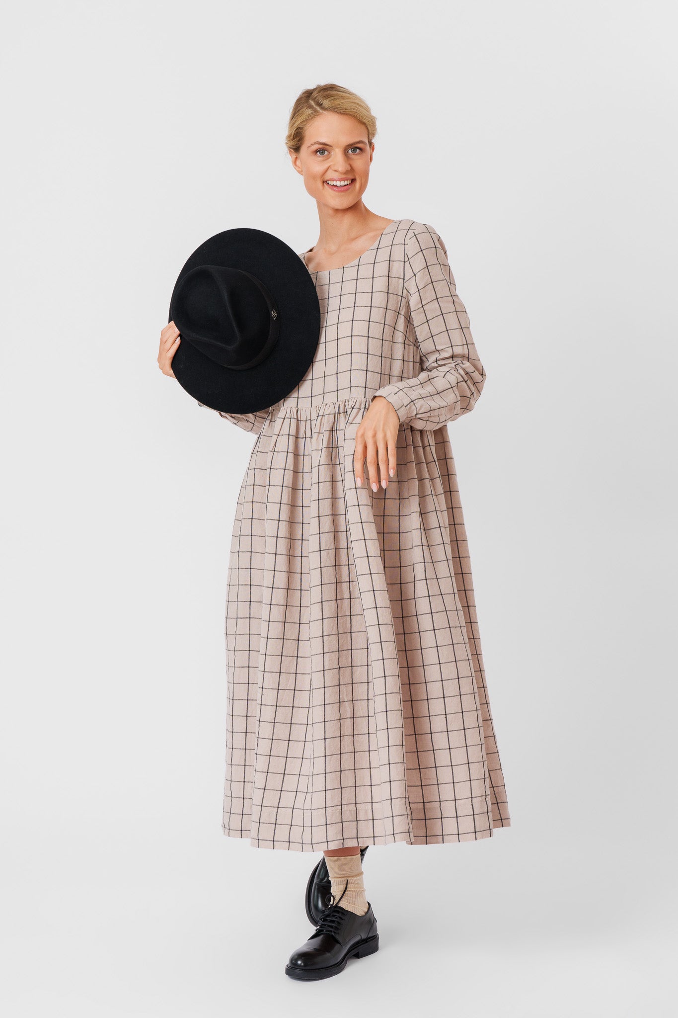 Smock Dress, Long Sleeve, Latte Grid