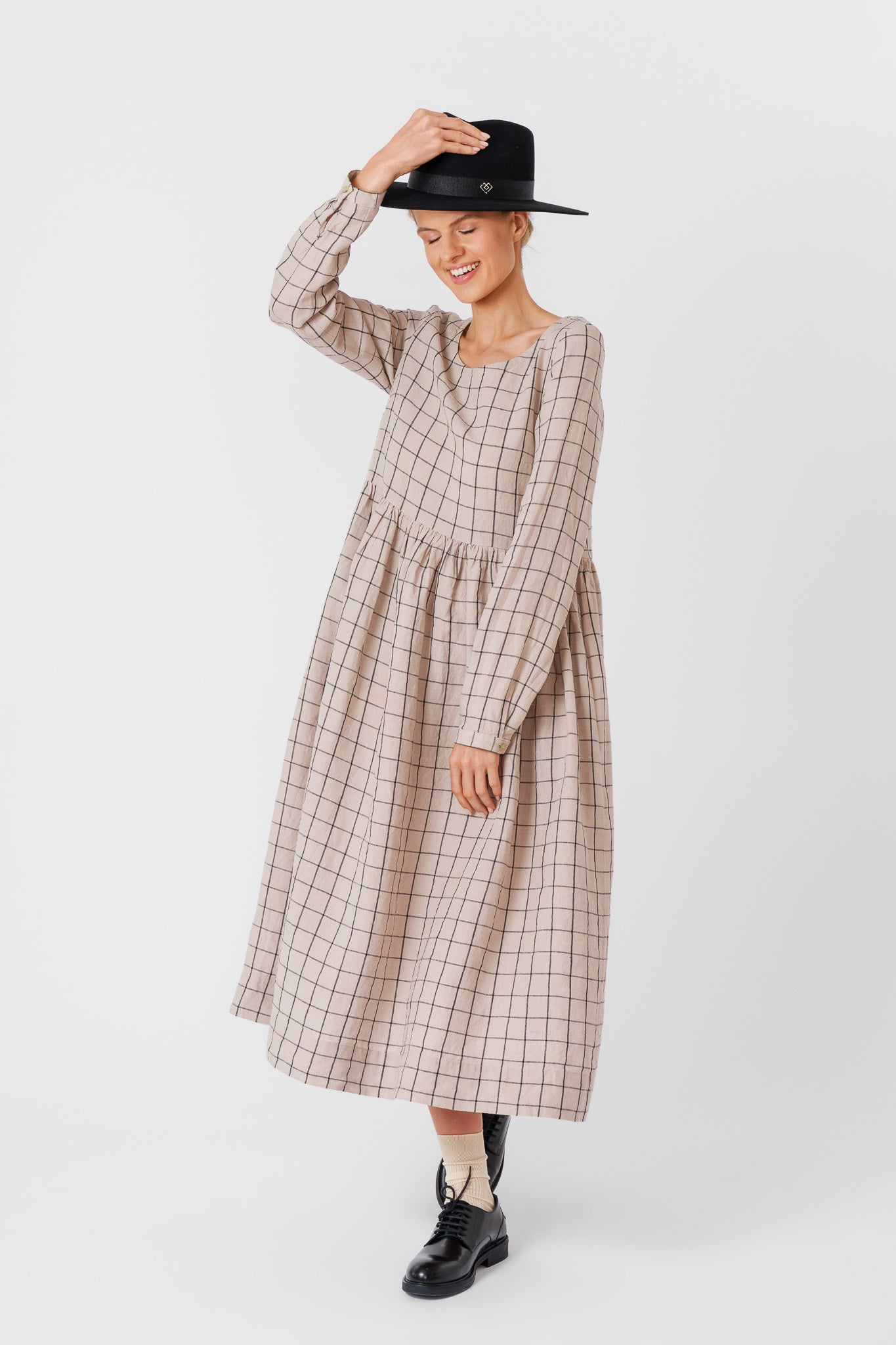 Smock Dress, Long Sleeve, Latte Grid