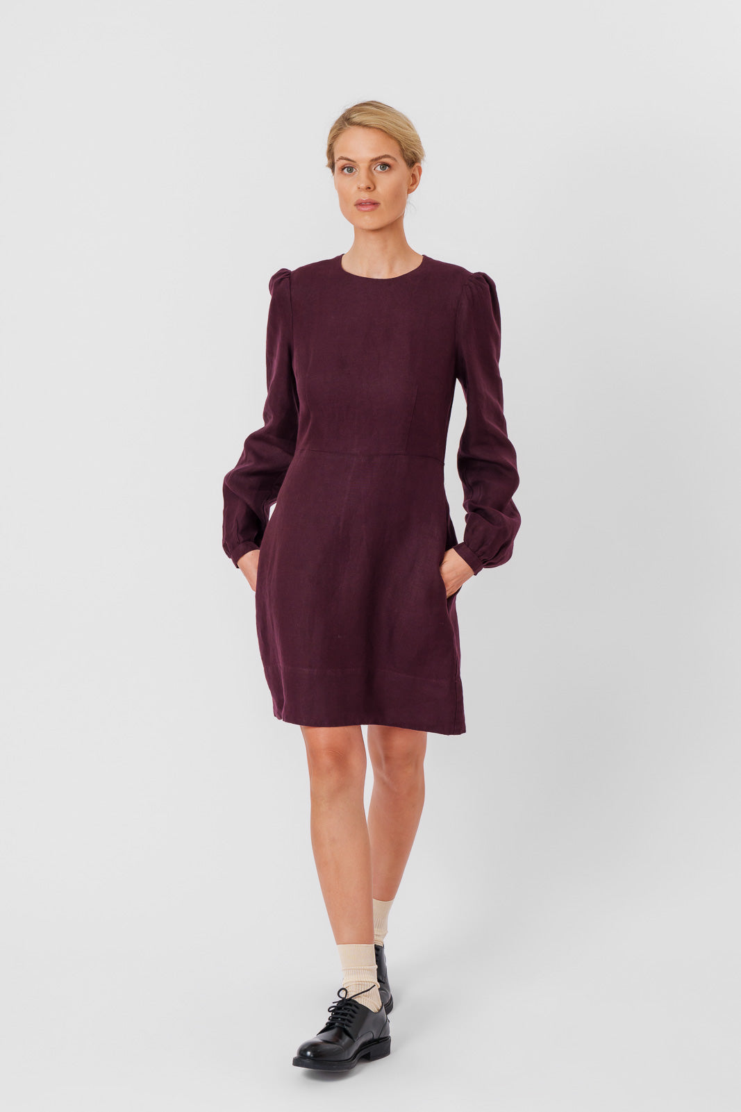 Kelly Dress, Long Sleeve, Twill Linen, Royal Grape#color_royal-grape