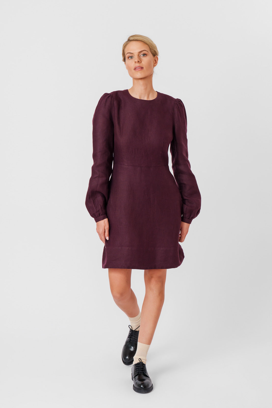 Kelly Dress, Long Sleeve, Twill Linen, Royal Grape#color_royal-grape