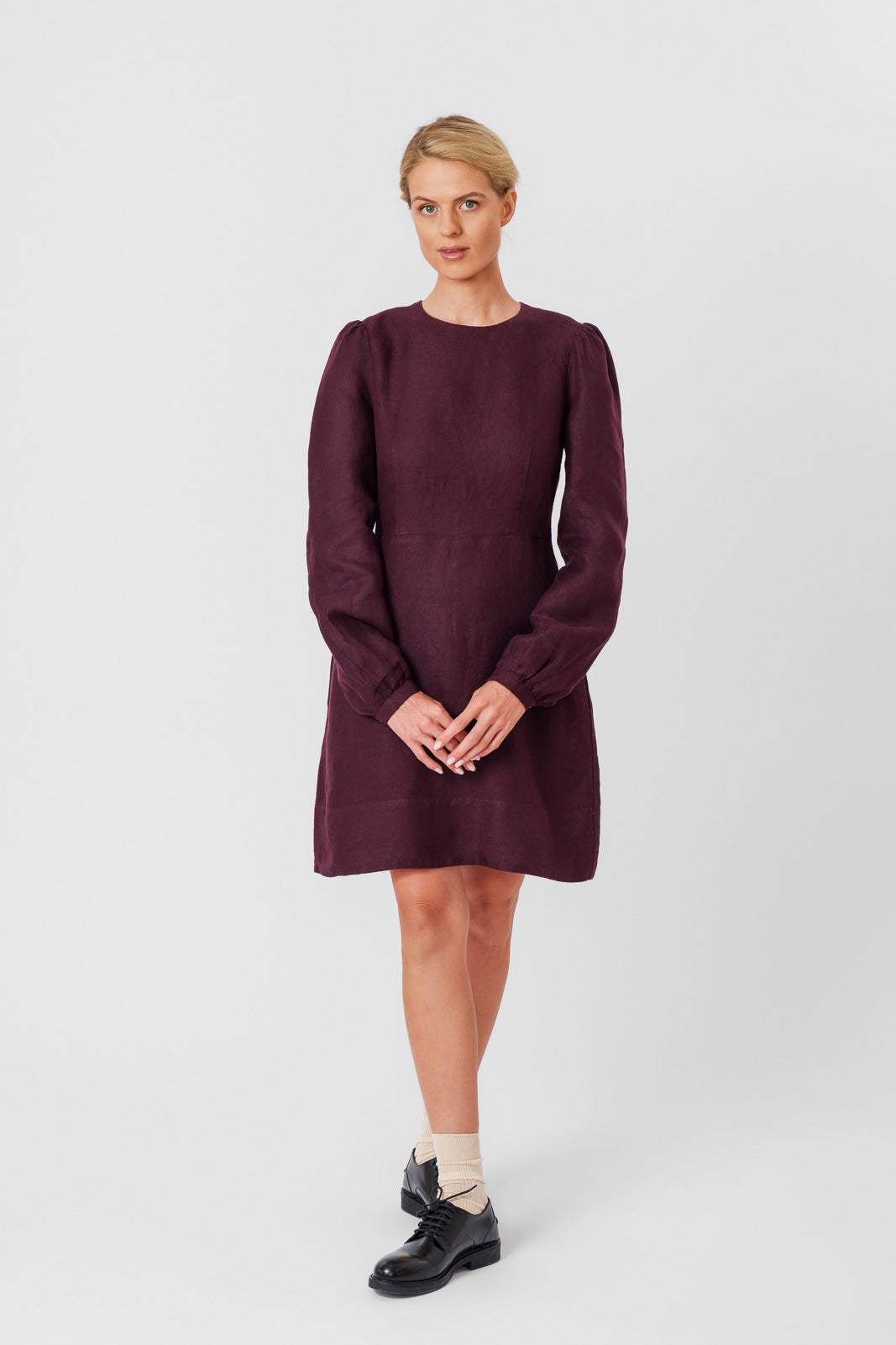 Kelly Dress, Long Sleeve, Twill Linen, Royal Grape#color_royal-grape