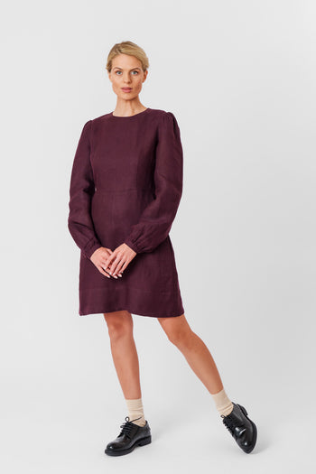 Kelly Dress, Long Sleeve, Twill Linen, Royal Grape#color_royal-grape