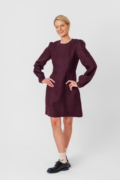 Kelly Dress, Long Sleeve, Twill Linen, Royal Grape