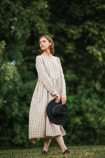 Smock Dress, Long Sleeve, Latte Grid