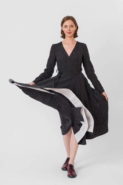 Wrap Dress, Long Sleeve, Black Pinstripe#color_black-pinstripe