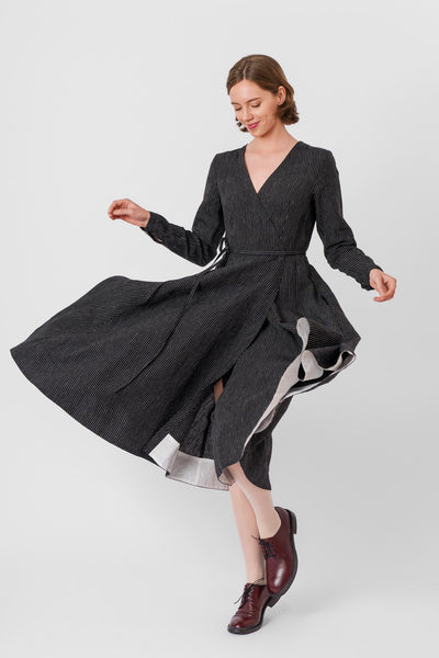 Wrap Dress, Long Sleeve, Black Pinstripe