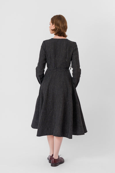 Wrap Dress, Long Sleeve, Black Pinstripe#color_black-pinstripe