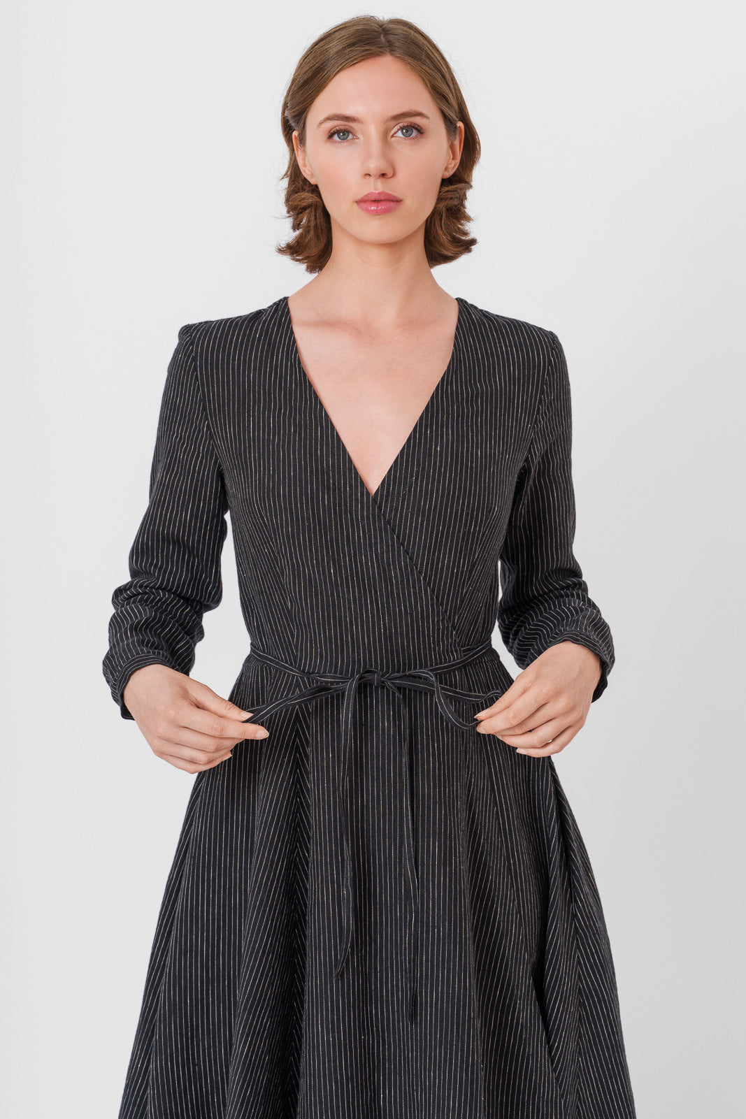 Wrap Dress, Long Sleeve, Black Pinstripe#color_black-pinstripe