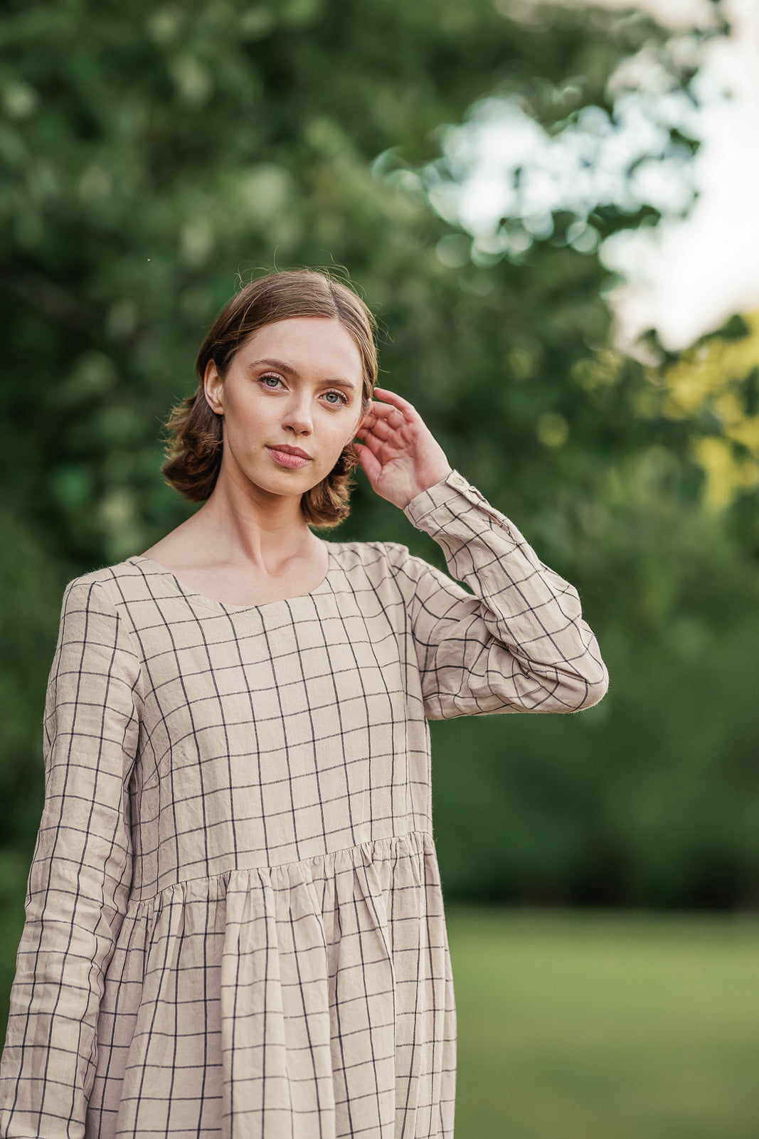 Smock Dress, Long Sleeve, Latte Grid