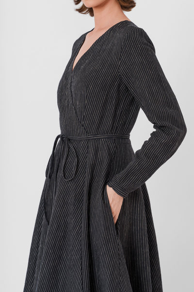 Wrap Dress, Long Sleeve, Black Pinstripe#color_black-pinstripe