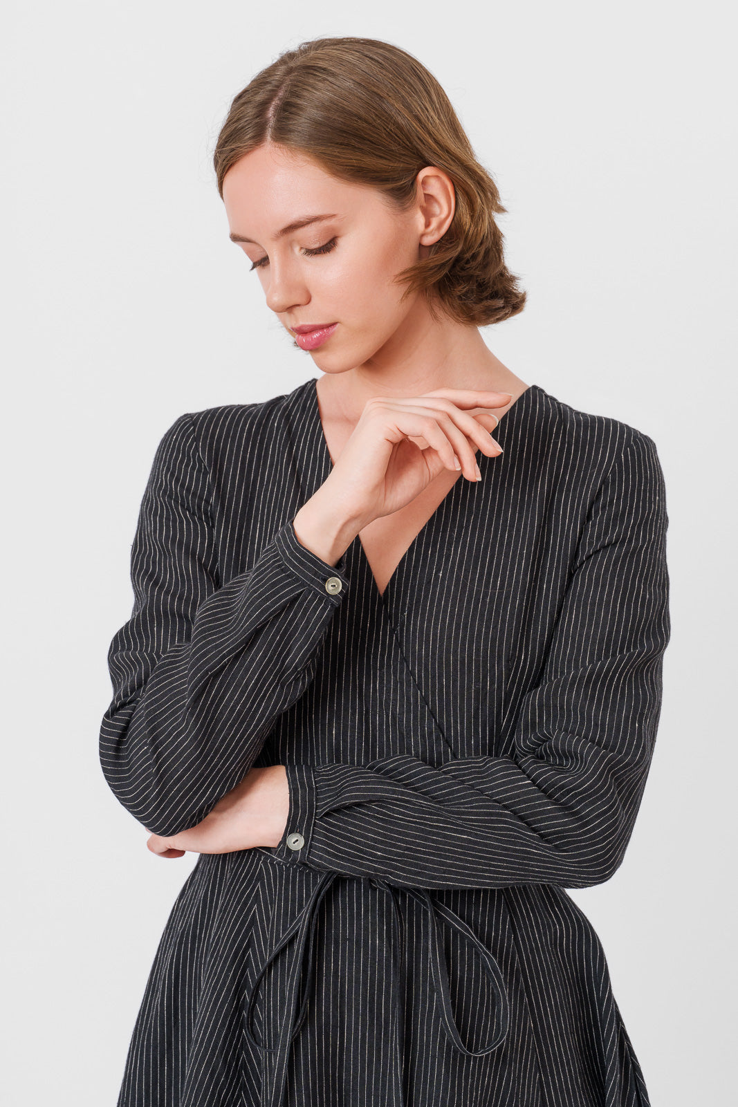 Wrap Dress, Long Sleeve, Black Pinstripe#color_black-pinstripe