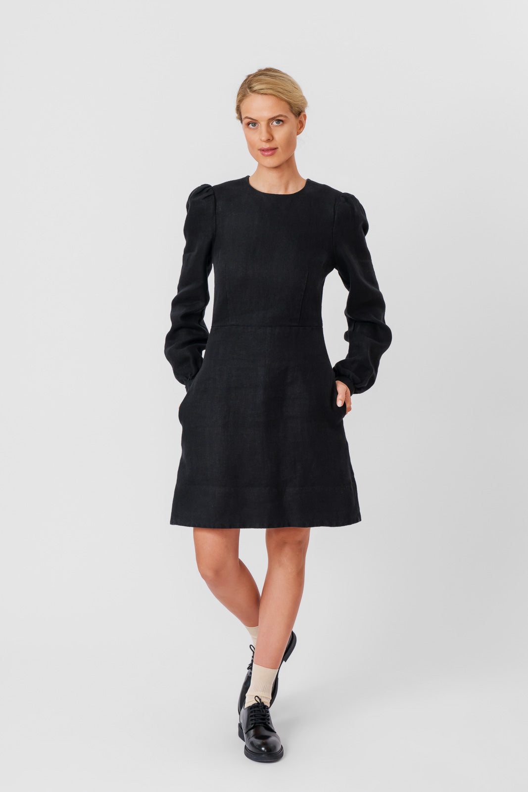 Kelly Dress, Long Sleeve, Black Herringbone#color_black-herringbone